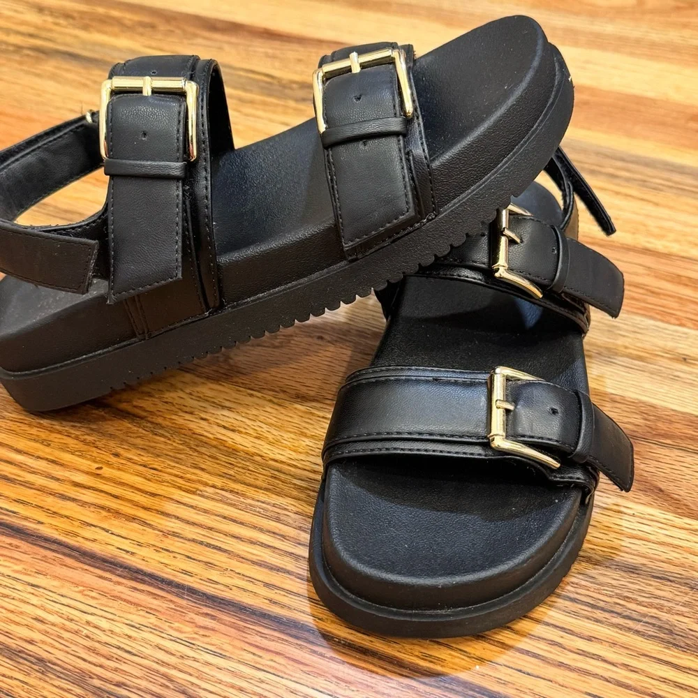 Madden Girl Black Sling Back Sandals with Gold Buckles Size 6.5 - Picture 3 of 6